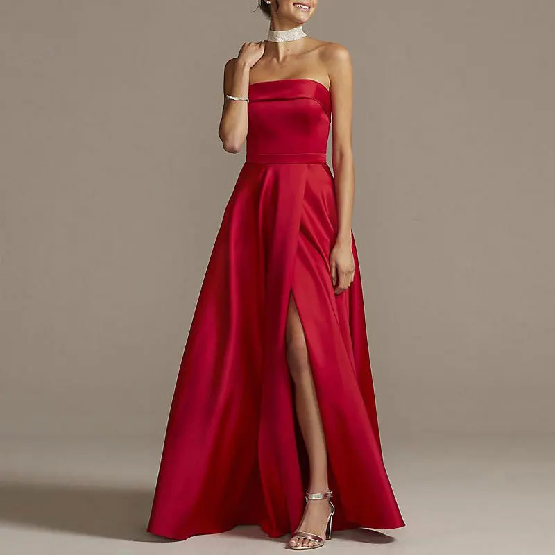 

GUXQD A Line Strapless Women Evening Dresses Red Slit Side Sleeveless Prom Party Gowns vestidos de fiesta robes de soirée