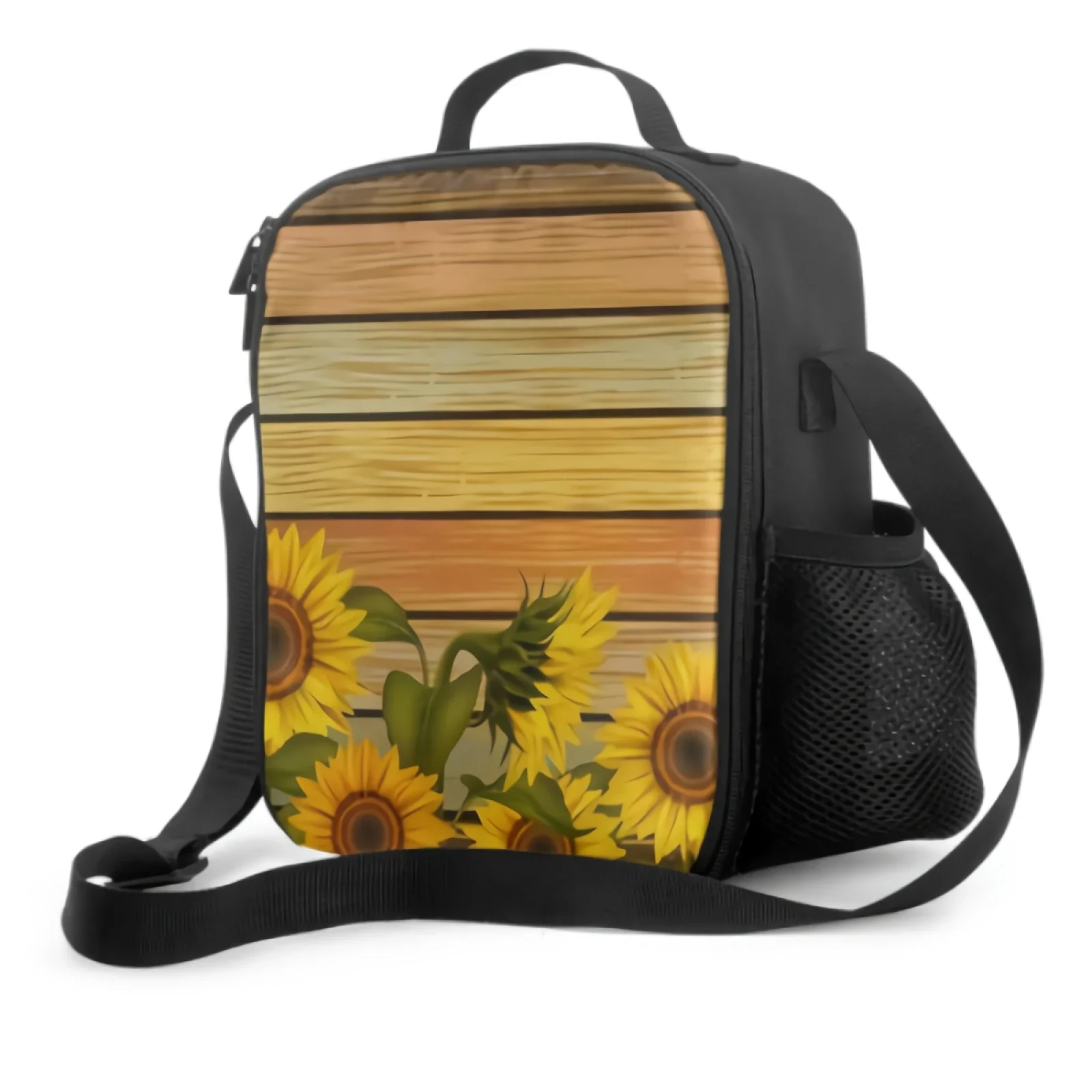 Подсолнухи и листья на античной деревянной доске изолированная сумка для ланча