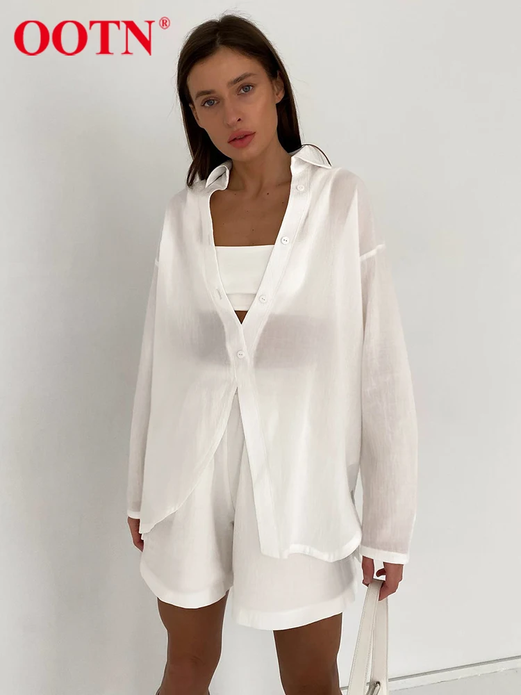 

Женские повседневные шорты OOTN, свободные хлопковые рубашки с отложным воротником со стойкой шорты с эластичной резинкой на талии, комплект...