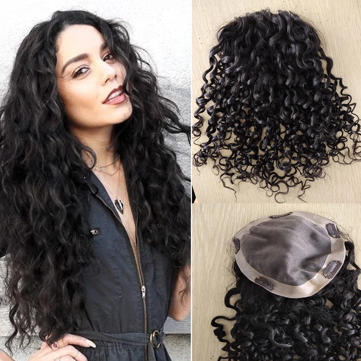 Free Part Brazilian Human Hair Curly Topper Silk Skin Base Toupee With 2 cm PU Around Virgin Hair Extension with Clips for Women