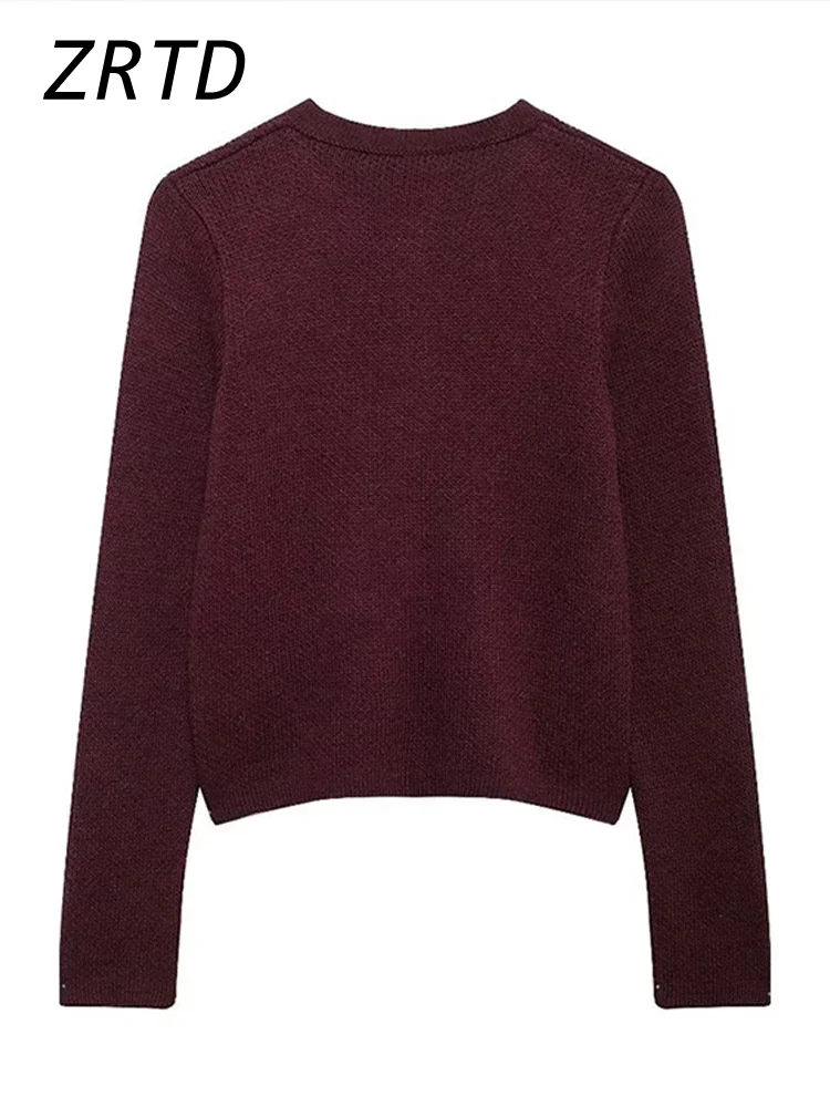 Винтажный женский вязаный бордовый кардиган с круглым вырезом однобортный