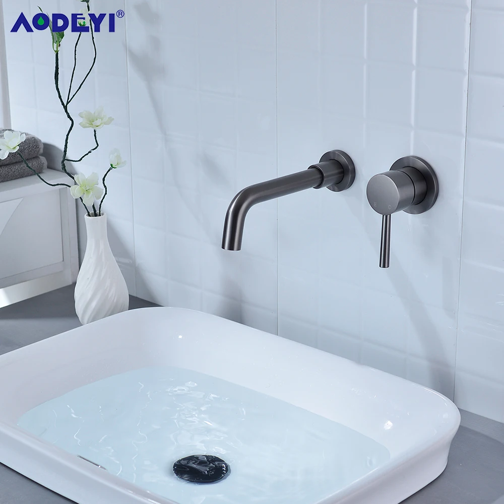 Gun Grey Mixer Hot Cold Water Tap Single Hole Swivel Spout Bath Single Lever Handle Wall Mounted Bathroom Brass Sink Faucet Taps