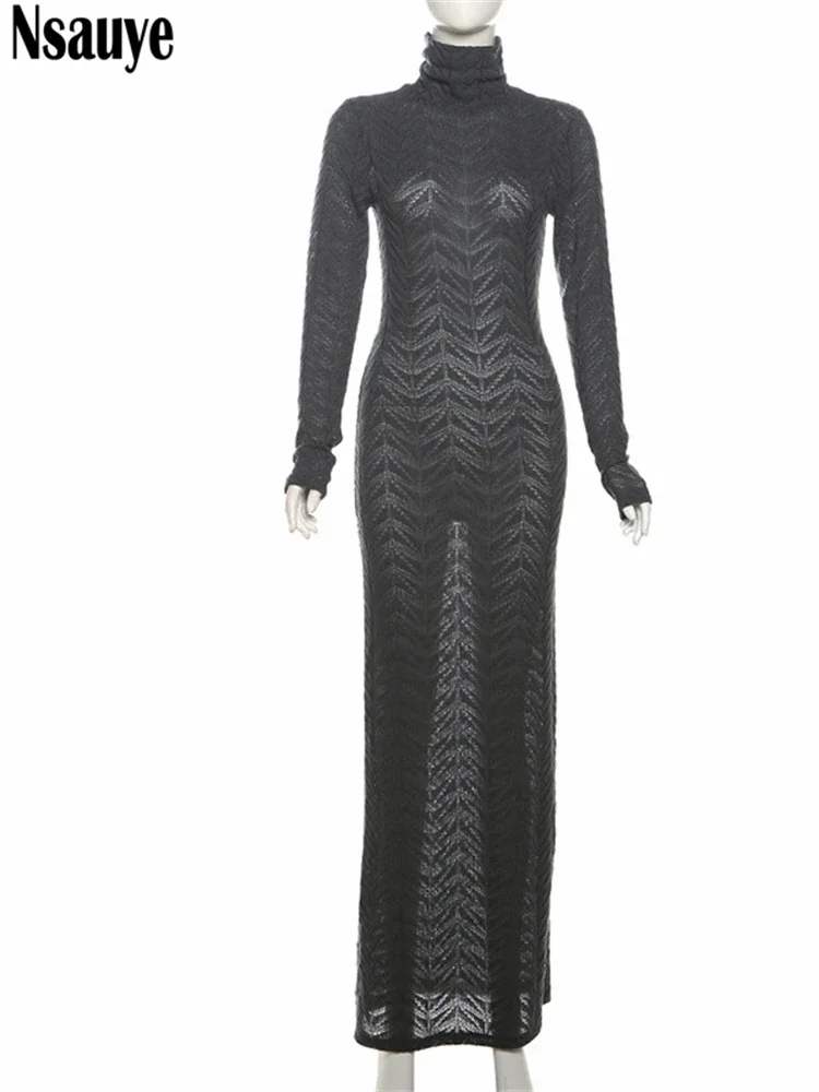 Nsauye водолазка с длинным рукавом длинное платье однотонное зимнее элегантное