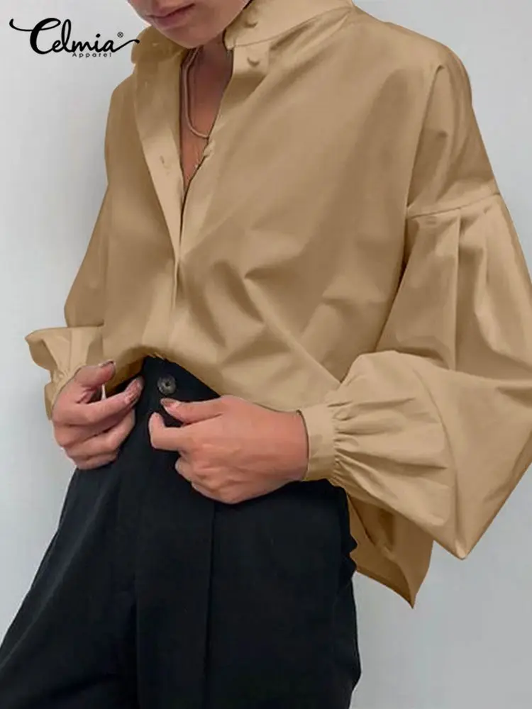

Celmia 2022 New Fashion Women Shirts Spring Summer Casual Lantern Sleeve Stand Collar Solid Blouses Office Lady Buttons Chemises