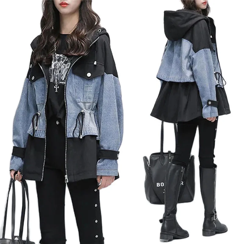 

Windbreaker Denim Jacket Women 2022new Mid-length Autumn Korean Loose Stitching Jeans Jacket Women Hooded Casual Women Jackets