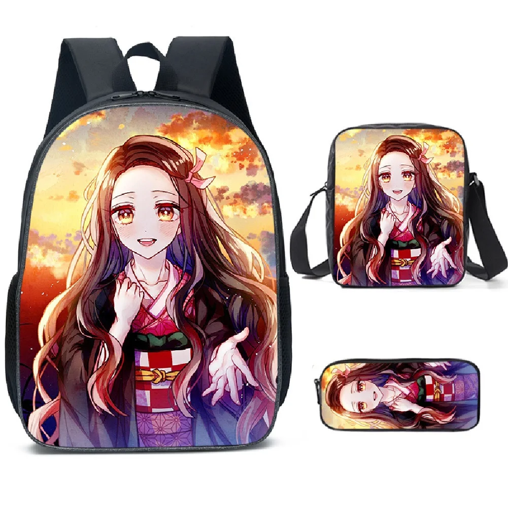 3 Piece Demon Slayer Nezuko Children New Anime Backpacks Girls Princess Student School Pen Bags Kids Shoulder Bag Drop Shipping