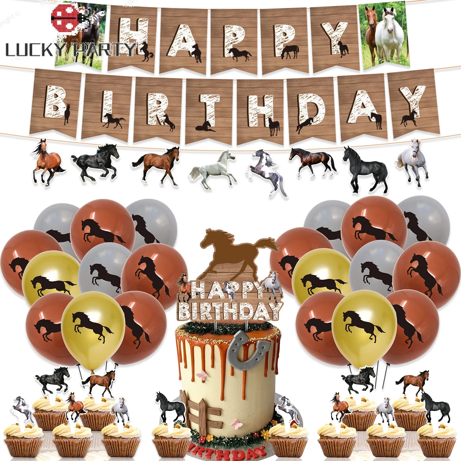 

Kids Birthday Party Gallant Horse Pony Theme Decoration Banner Balloon Cupcake Cake Topper Party Favor Sticker Gift Bag
