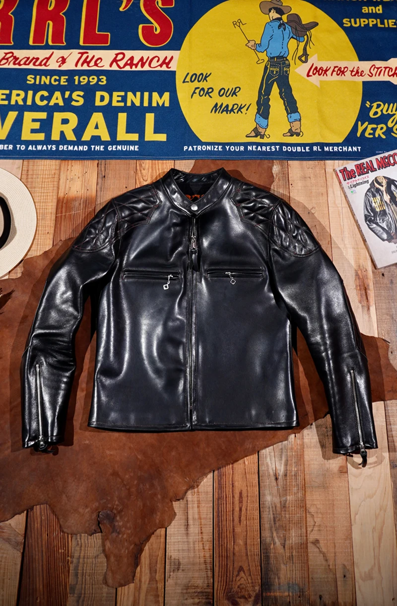 

Stand Up Collar Locomotive Genuine Leather Vegetable Tanning Oil Wax Head Layer Horse Leather Jacket Men's Jacket Slim Retro