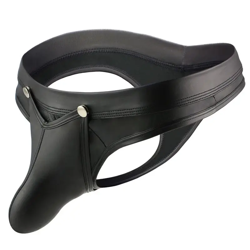 

AIIOU Sexy Gay Underwear Open Crotch G-string PU Faux Leather Thongs U Convex Pouch Low Rise Sexy Male Panties T-Back G-string