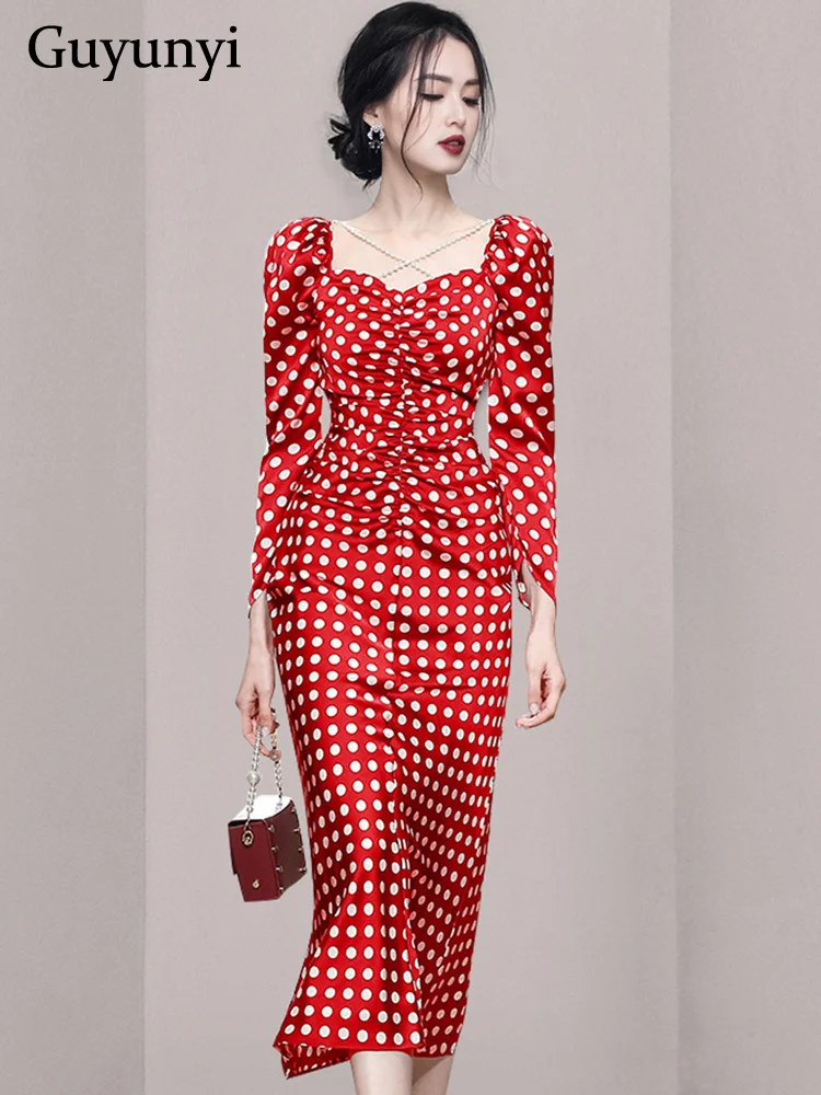 

Красное винтажное платье в горошек, весна 2022, элегантное вечернее платье с квадратным вырезом, бусинами, перекрестными вставками и высокой ...