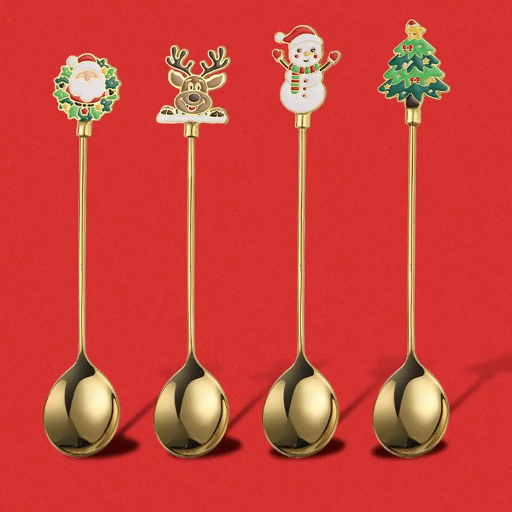 

Cake Spoon 4Pcs/Set Delicate Long Handle Food Grade Mini Espresso Soup Dessert Christmas Spoon for Restaurant