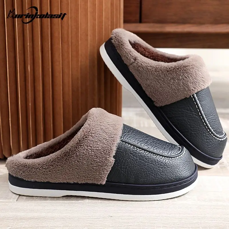 New Fashion Warm Men's Slippers Waterproof PU Winter Home Cotton Shoes Fluff Warm Slippers Women Slides for Man Plus Size 36-51