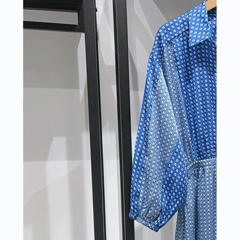 

2023 Summer New Women Lapel Printed Lantern Sleeve Stitching Dress