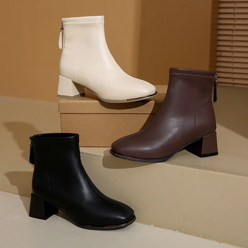 Новинка зимы 2024 модные сапоги в британском стиле на молнии сзади женские грубом