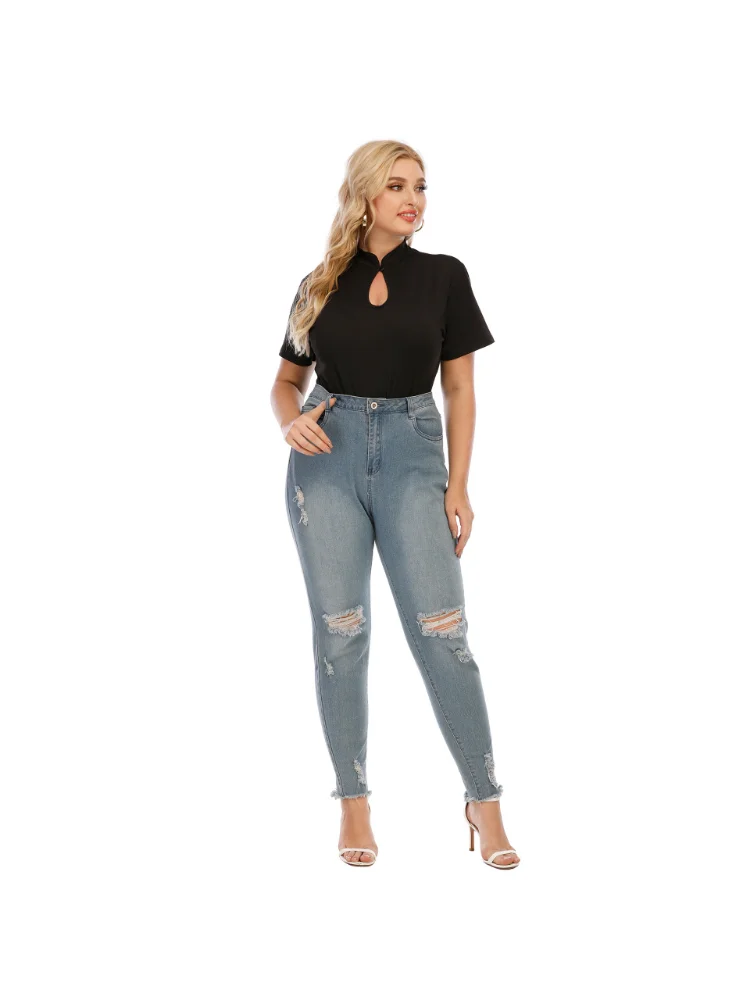 Half high collar, one button, short sleeved casual slim fitting T-shirt top plus size women clothing
