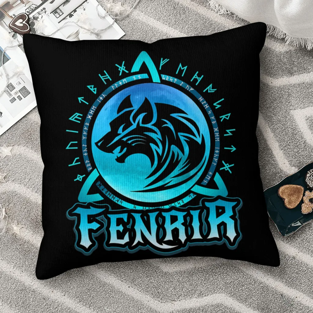 

Fenrir Loki's Son Wolf And Blue Moon With Norse Runes Polyester Cushion Cover Viking Sofa Office Decorative Reusable Coussincase