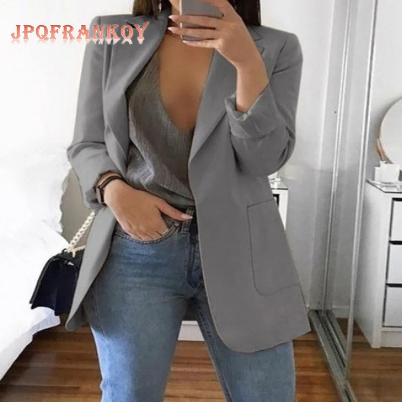 

[JPQF] Suit Jacket Female Spring Autumn New European American Solid Color Fashion Lapel Slim Cardigan Leisure Suit Jacket Female