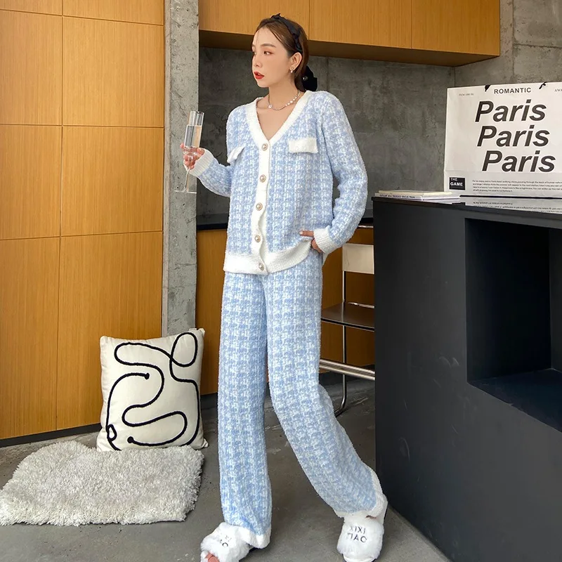 Women Pajamas Set Thickened Velvet Home Clothes Autumn Winter Long-sleeved Plaid Soft Sweet Little Fragrance Warm Sleepwear Pjs