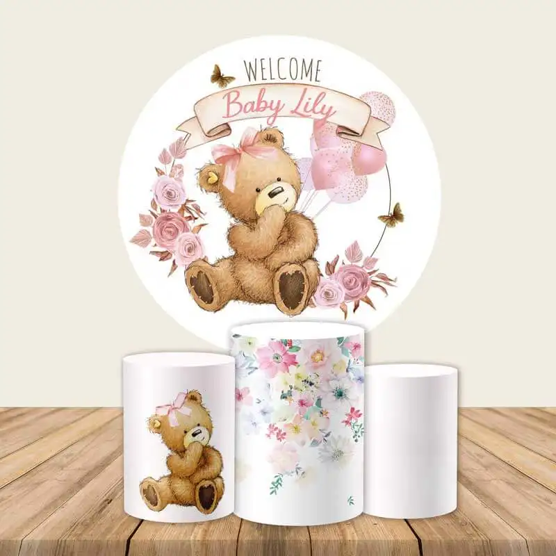 

Round Background Pink Flower Baby Teddy Toy Bear Circle Backdrop Princess Girl Baby Shower Birthday Party Table Cover Decoration
