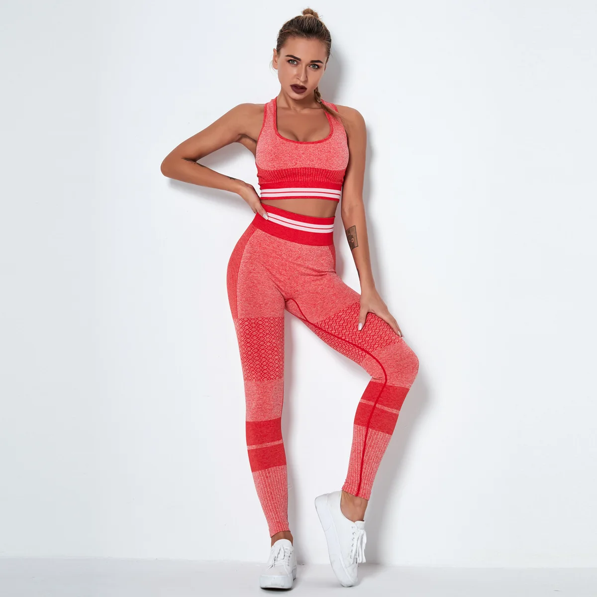 

Top Quality Women Yoga Slimming Clothes Seamless Knit High Waist Lift Hip Pants Breathable Solid Color Sports Running Fitnes Set