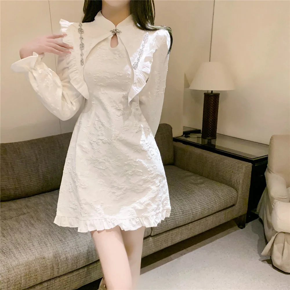 

2022 Spring New French Women's Elegant Dress Temperament Gentle Wind Ruffled Slim Ladies Dress Female Fashion Vestidos Mujer