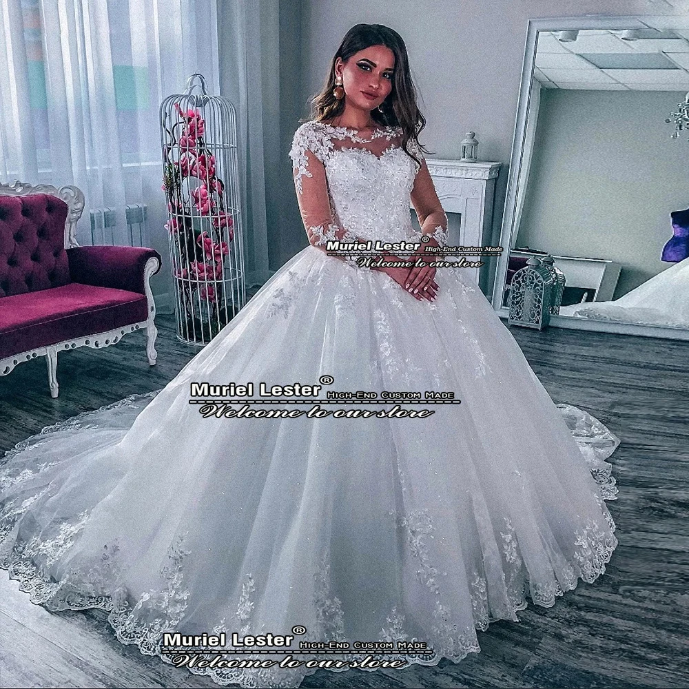 

Белое Бальное платье принцессы, свадебные платья с длинным рукавом и круглым вырезом, свадебное платье с аппликацией, индивидуальный пошив,...