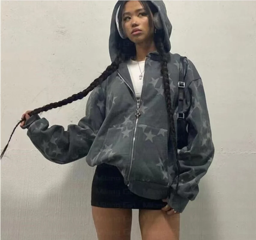 

Мужская толстовка с капюшоном, уличная одежда 2023, женские толстовки с винтажным принтом звезд, модная Повседневная Свободная куртка на молнии с длинным рукавом, пальто