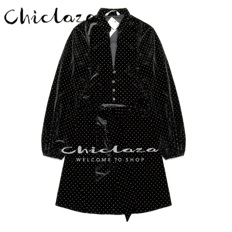 

CHICLAZA 2022 Autumn winter Women Fashion Vintage Single Breasted Blet Velvet Dress Female Elegant Party Mini Dresses