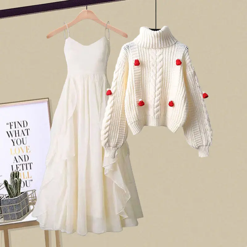 

Autumn Winter Ladies 2 Pieces Sweater Set Women Turtleneck Pullover Jumpers & Elastic Mid-length Dress Suit Womens Outfits E331