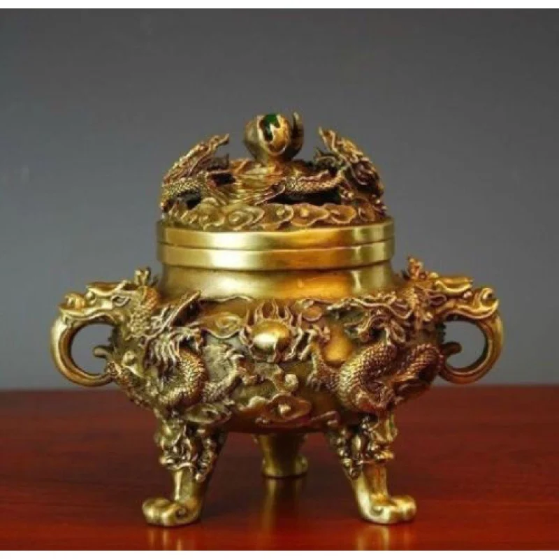 

Chinese ancient handwork Copper 9 dragons delicate inlaid tripod Incense Burners