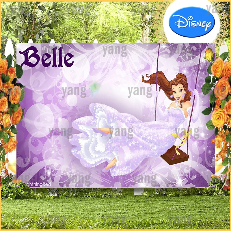 Lovely Disney Princess Beauty and the Beast Belle Photo Backdrop Romantic Birthday Party Purple Flowers Backgrounds Decoration