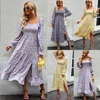 american square neck slit long sleeved irregular dress printed polyester 2022 spring and autumn four seasons womens clothing