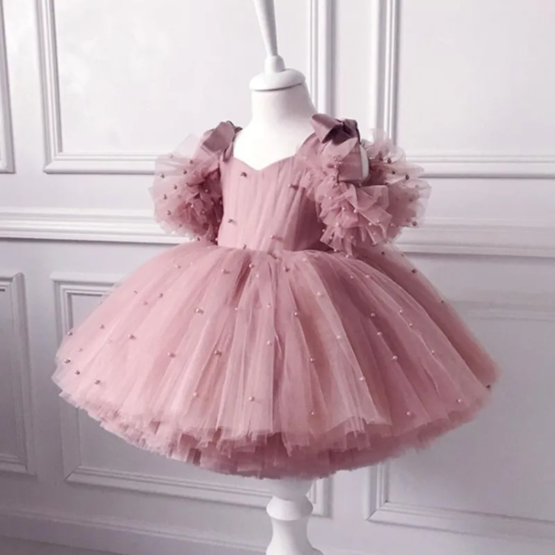 

Baby Girl Dress Christening Dress Pearl Mesh Princess Dress Tutu Bow Birthday Party Dress 0-5Y