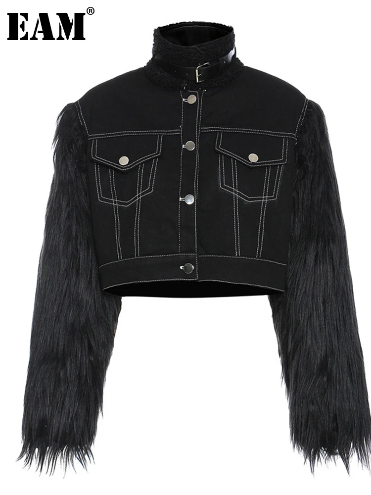

[EAM] Loose Fit Black Fur Stitch Short Denim Jacket New Lapel Long Sleeve Women Coat Fashion Tide Spring Autumn 2022 1DD1206