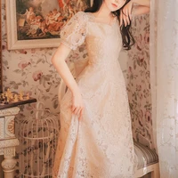 2022 summer french fairy vintage dress bowknot a line elegant lace medium and long square collar korean female dresses