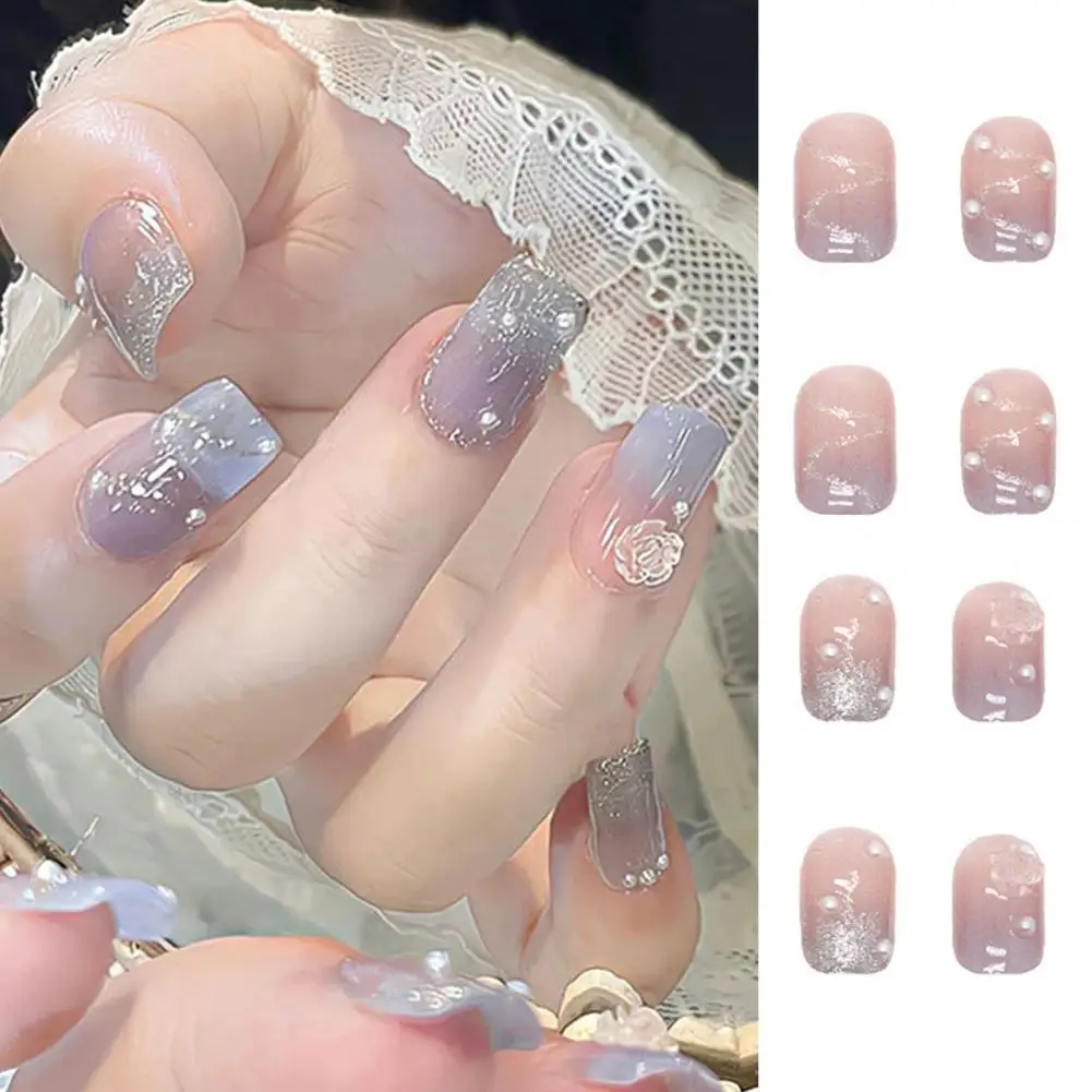 

1 Set Delicate with Glue Harmless Faux Pearl Embossed Camellia Artificial Nail Women Supply Faux Nail Camellia Faux Nail