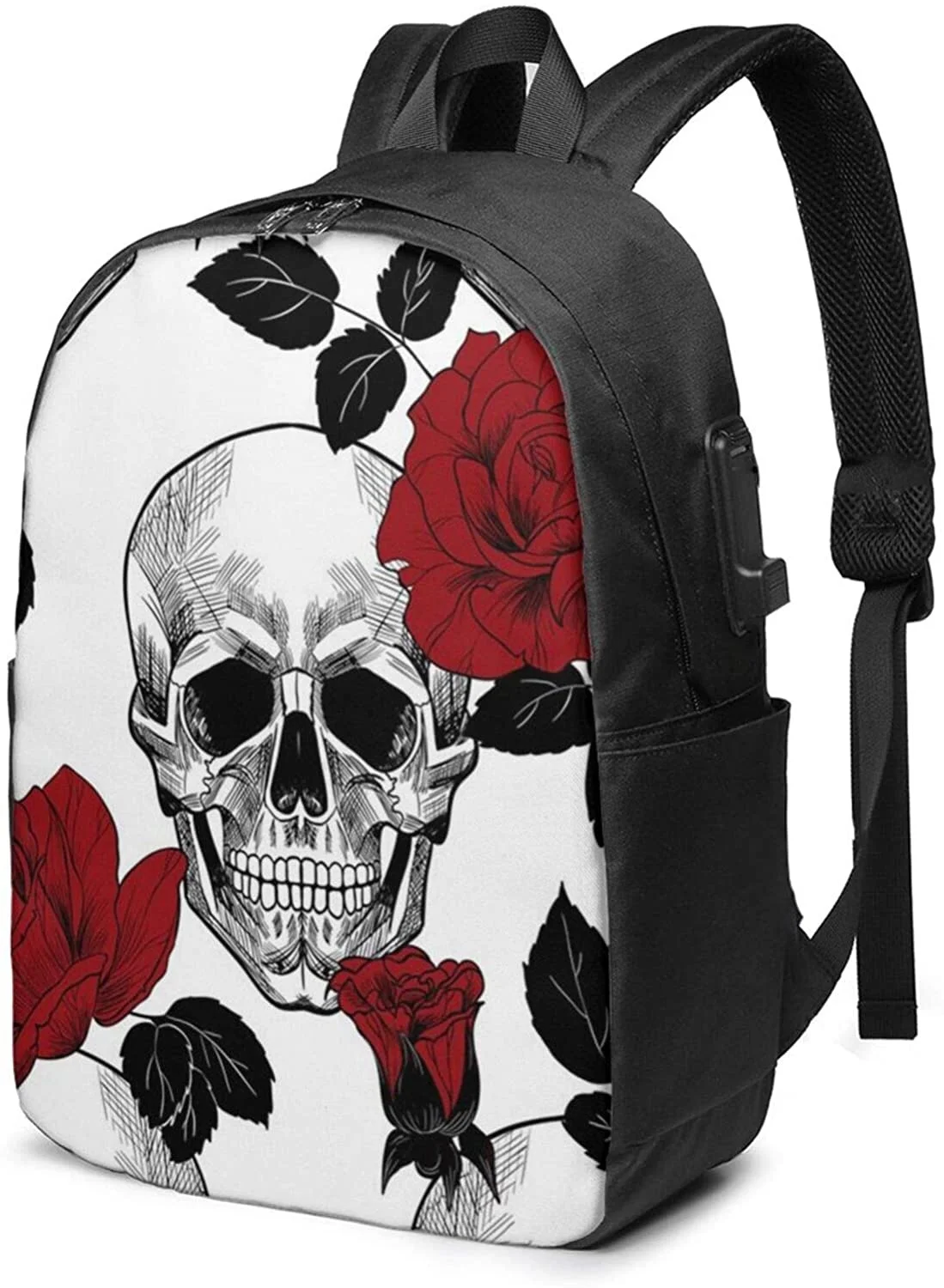 

Sugar Skull Red Rose Business Laptop School Bookbag Travel Backpack with USB Charging Port & Headphone Port Fit 17 in