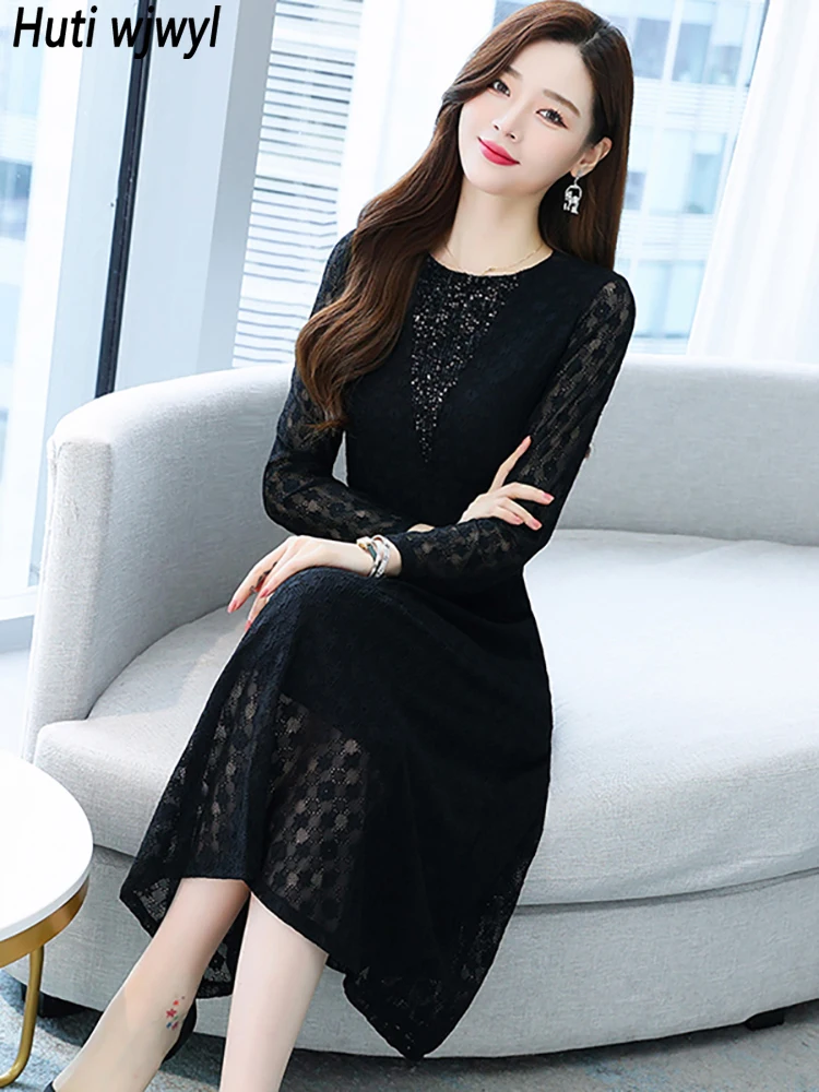 

Summer Black Chic Lace Sexy Night Prom Midi Dress Women Fashion Y2k Sequin Runway Party Dress 2022 Elegant Bodycon Evening Dress