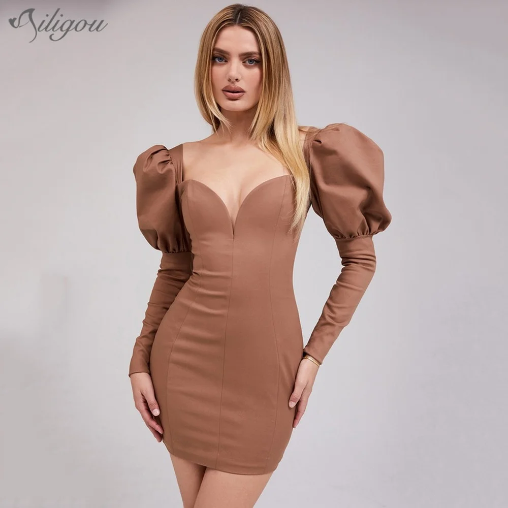 

Ailigou Summer New Style 2021 Women'S Brown Puff Sleeve Chic Tight V-Neck Sexy Mini Dress Elegant Celebrity Party Dress