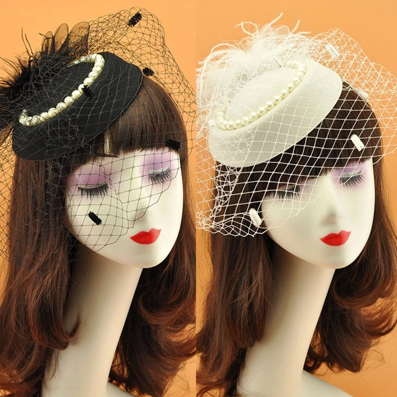 

Pearl Fascinators Hat Feather Pillbox Hat with Veil Tea Party Headpiece Photo Props Fancy Dress Wedding Headdress DXAA