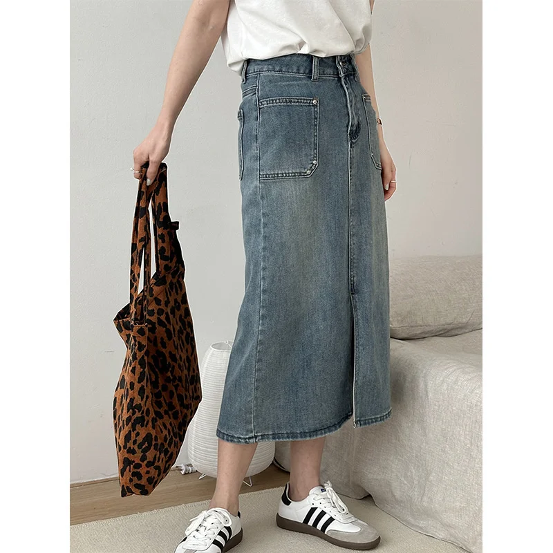 

2023 Spring Split A-line Fashion Korean Slim Fit Blue Half Denim Skirt