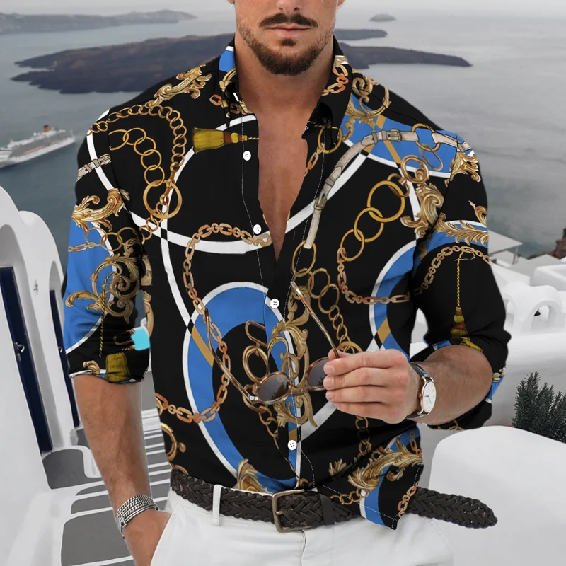 

Men Oversized Casual Shirt High Quality Fashion Stripe Print Long Sleeve Men's Clothing Prom Party Cardigan Blouses S-4XL