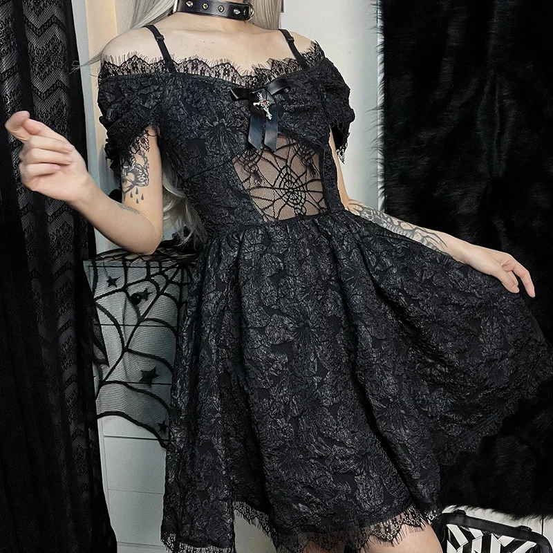 

2023 Gothic Sexy Backless Spaghetti Strap Woman Dress Lace Irregular Party Club Pleated Dress Fashion Nightclub Harajuku Robe Ne