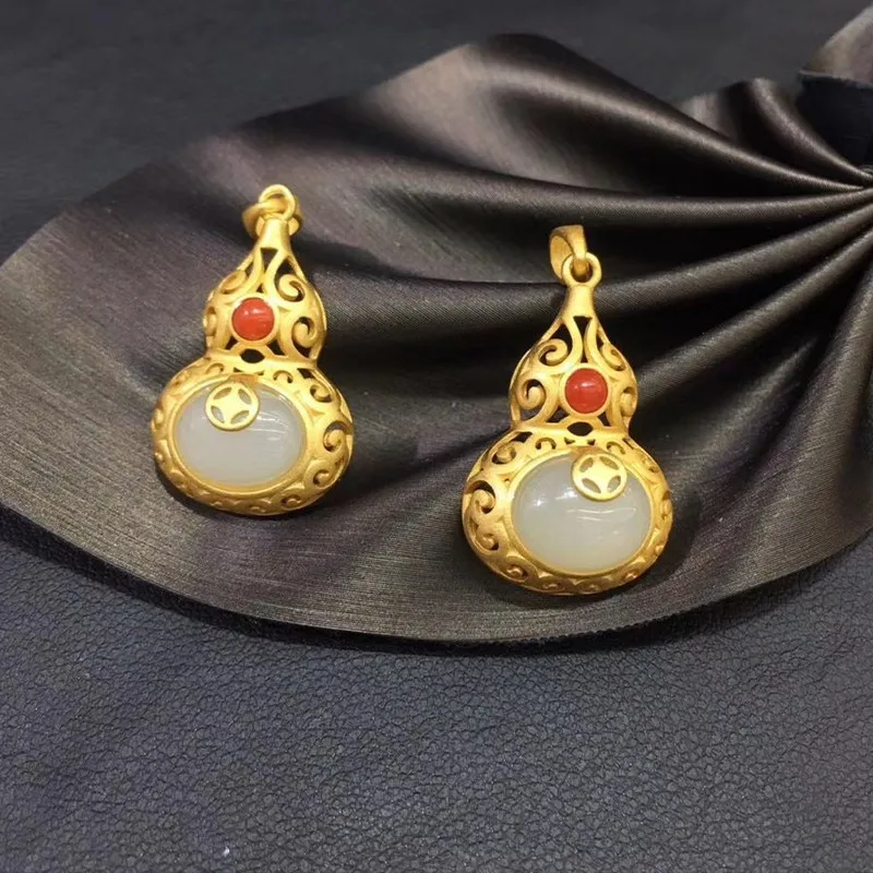 

Ожерелье с подвеской в виде тыквы из белого нефрита с инкрустированным золотом, Южно-красный халцедон, Модная Золотая технология