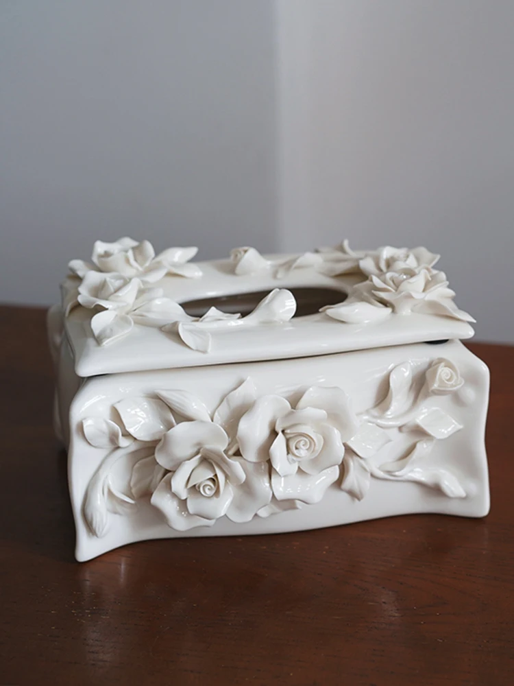 

Epikto-Retro Rose Ceramic Tissue Boxes, Napkin Box, European Style, Hand-carved Printing, Home Tissue Storage Decoration