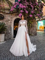 white lace tulle wedding dresses 2022 full sleeves long boat neckline a line sweep train bride gowns elegant women bridal