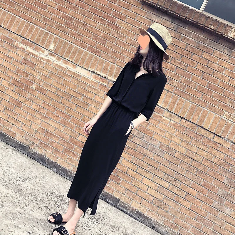 

2023 New Women's Summer Black Chiffon Dress Korean Version Closed Waist Slim Skirt Women's Summer Short Sleeve Clothes 016