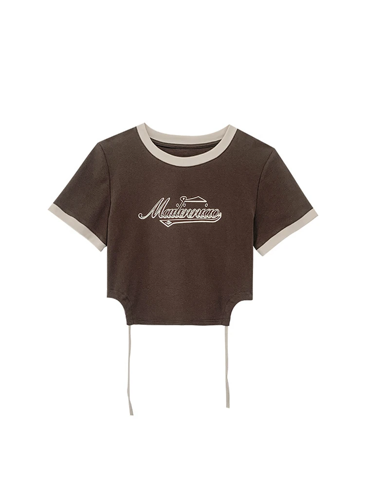 

Женский винтажный укороченный топ с надписью, модная новинка лета 2023, футболка с круглым вырезом и коротким рукавом, Необычная футболка с за...