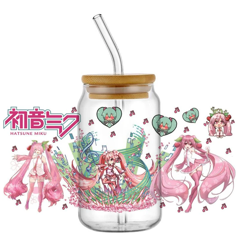 Фото Наклейки для стаканов Hatsune Miku UV DTF, 16 унций, самоклеящиеся, моющиеся, для стеклянных бутылок, DIY, прочные, для автомобиля №3