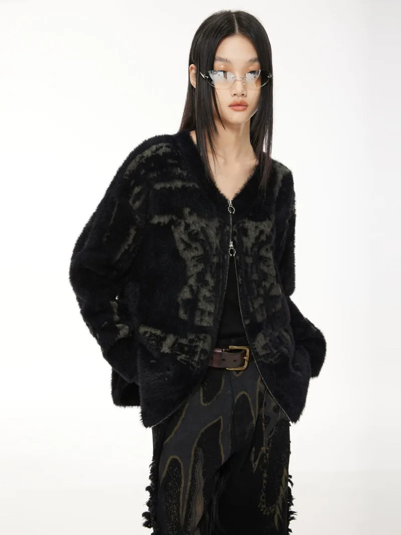 High Street Y2k кардиган вязаный черный винтажный принт свитера пальто женские в